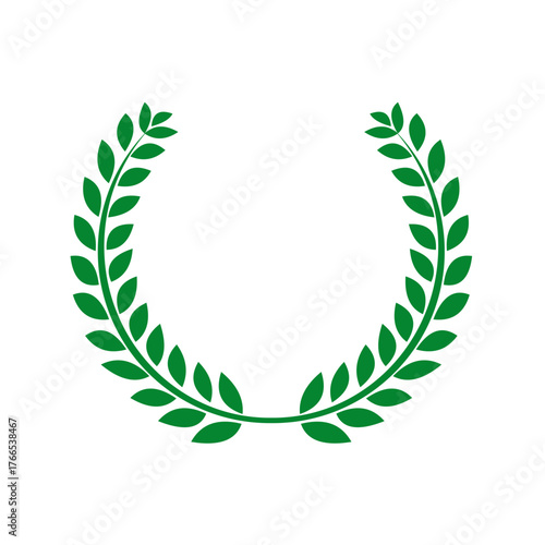 Green wreath of laurel leaves.. Laurel wreath. Wheat wreath, circular leaf shape depicting a frame of awards, achievements, symbols, on a white background, flat art design style.
