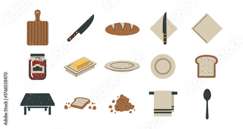 Rustic kitchen elements set with bread, butter, knife, and cutting board