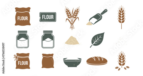 Rustic bakery elements featuring flour bags, wheat ears, and bread symbols for culinary designs