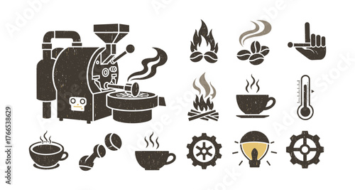 Vintage coffee icons: rustic coffee beans, equipment, and brewing elements