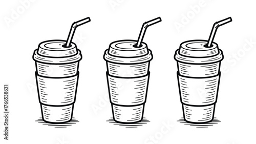 Three stylized coffee cups with straws, perfect for modern cafe branding and beverage promotions, capturing that essential morning energy vibe.