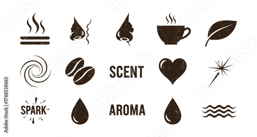 Rustic coffee aromas and textured icons for cafe branding