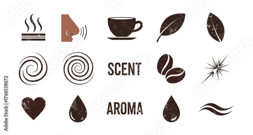 Rustic scent icons set featuring coffee, leaves, aroma elements
