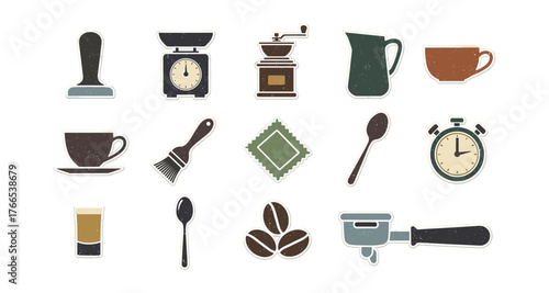 Vintage coffee tools and utensils collection in flat design