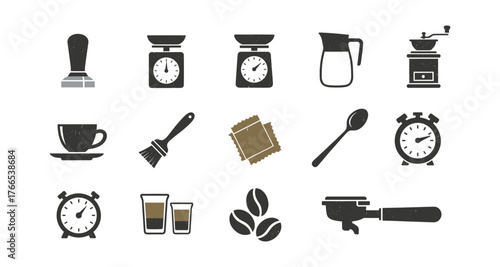 Coffee brewing essentials icons set with grunge texture for cafes and baristas