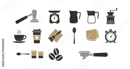 Vintage coffee icon set featuring tools and equipment in rustic style
