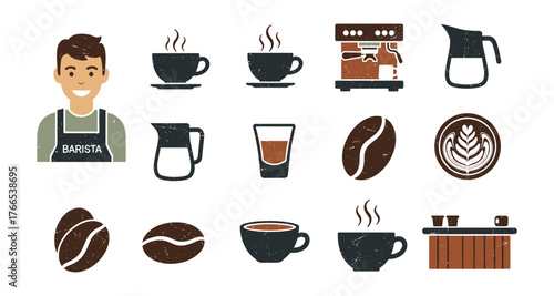 Coffee elements collection featuring barista, equipment, and latte art