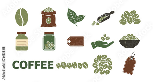 Retro coffee icons set with beans, leaves, and containers
