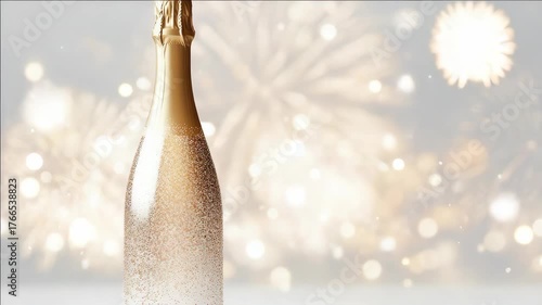 A champagne bottle and a fireworks display, symbolizing celebration and joy.
