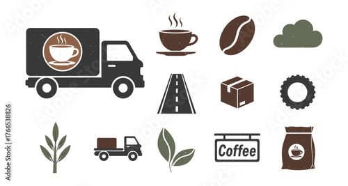 Coffee delivery icons set featuring truck, cup, beans, and road elements
