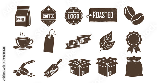Coffee elements collection: vintage labels, beans, packaging, and leaves
