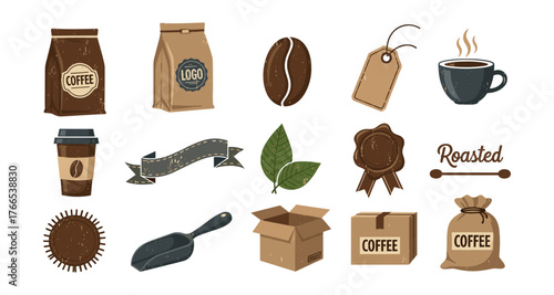 Coffee icon set featuring bags, beans, cups, and badges in a vintage style