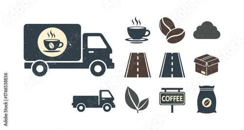 Rustic coffee delivery icons featuring truck and road elements in vintage style