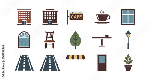 Vintage urban elements set: buildings, cafe signs, furniture, streets illustrations