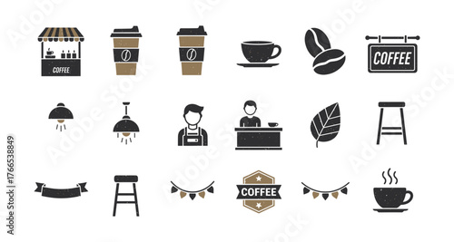 Coffee shop icons collection: essential cafe elements in flat design