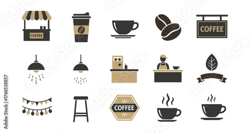 Minimalist coffee icons set featuring café elements and drink symbols
