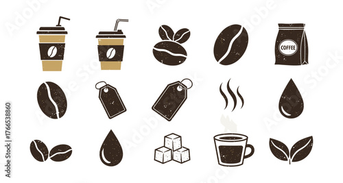 Rustic coffee icons collection with beans, cups, and leaves in vintage style