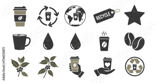 Eco-friendly coffee icons: sustainable and recyclable elements in rustic style