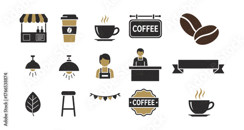 Rustic coffee shop set: retro icons featuring cups, baristas, and decor elements