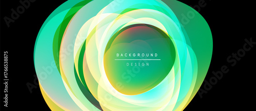 Abstract vibrant layers create circular design. Green, yellow hues blend, forming luminous background. Text reads background design.