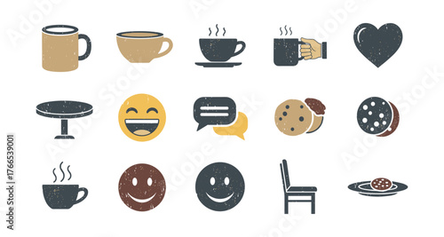 Retro coffee icons and smileys set with rustic texture