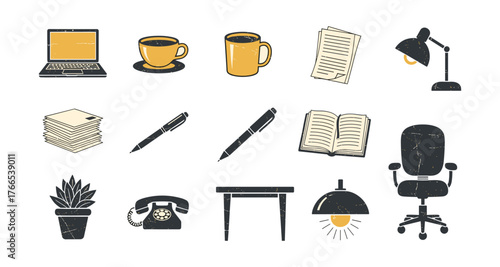 Vintage office elements collection: retro desk, chair, lamp, and stationery essentials