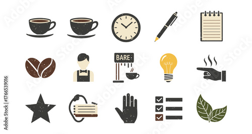Cafe and coffee icons: retro style with coffee cups, clock, and barista elements
