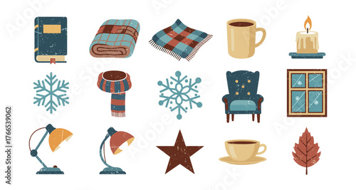 Cozy winter elements collection with vintage style: mug, blanket, candle, and more