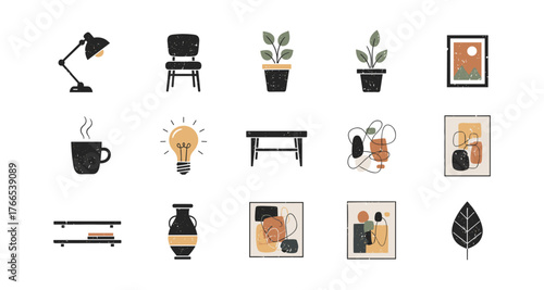 Mid-century modern interior elements with plants, furniture, and decorative art