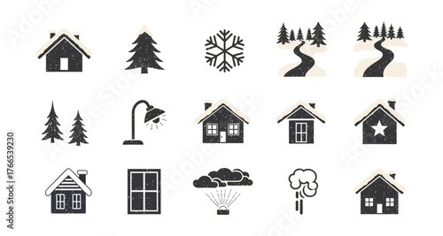 Winter cabin and nature collection: silhouette icons with vintage texture