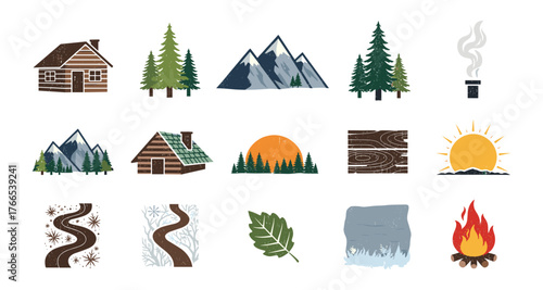 Rustic cabin and nature elements in vintage style