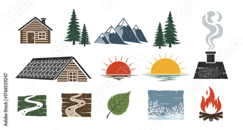 Rustic nature elements with cabin, mountains, and campfire in vintage style