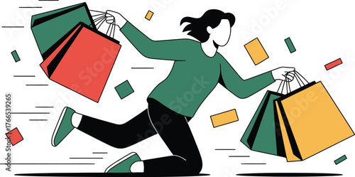 Person running with shopping bags and confetti vector