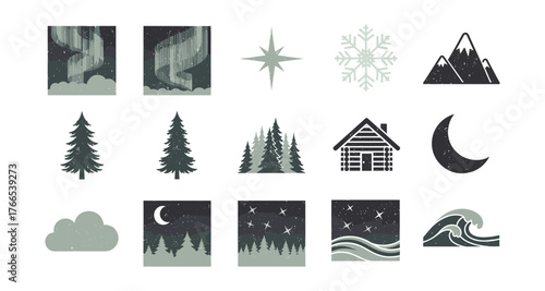 Winter forest icons: night sky, mountains, cabin, and nature elements