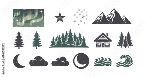 Vintage nature icons featuring mountains, forests, and night sky elements