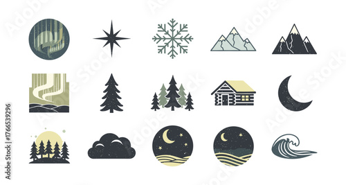 Rustic nature icon set featuring mountains, forests, and celestial elements in minimalist style