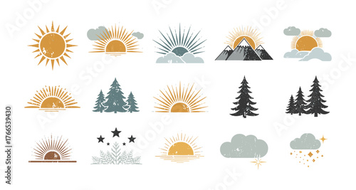 Retro sun and nature icons collection with vintage style illustrations