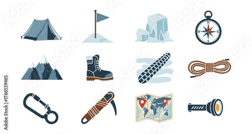 Outdoor adventure gear icons: camping, hiking, navigation essentials in flat style