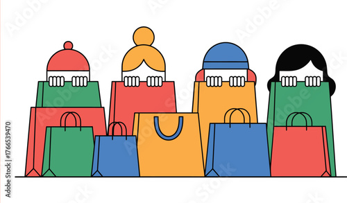 Four people holding shopping bags in flat design consumerism