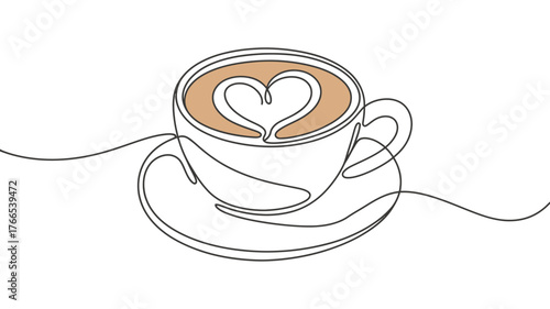 Delightful single line art of a creamy cappuccino with a sweet heart design, perfect for cafe menus or cozy morning vibes