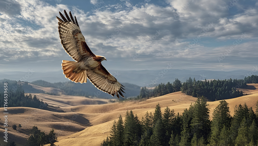 Naklejka premium A majestic hawk soars above golden hills and lush forests, capturing the beauty of nature in a serene landscape.