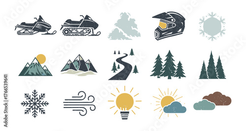 Winter adventure icons set featuring snowmobiles, nature elements, and gear in vintage style