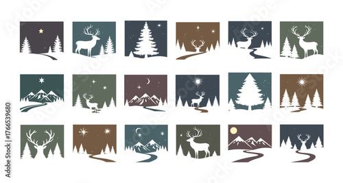 Minimalist winter scenery with deer and pine trees in silhouette style