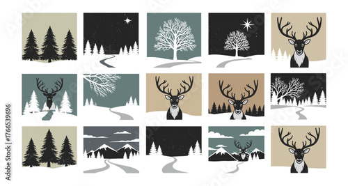 Rustic winter landscape collection with reindeer and forest scenes