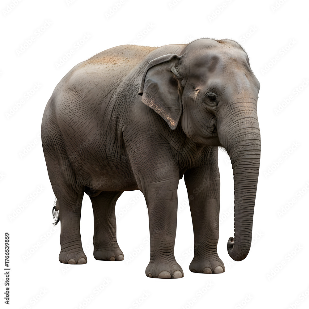 Obraz premium Adorable realistic elephant standing sideways and looking at the camera on white background, full body, perfect for wildlife, zoo, or nature concepts.