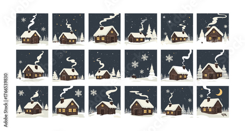 Cozy winter cabin collection: charming nighttime scenes with snowy cabins and starry skies