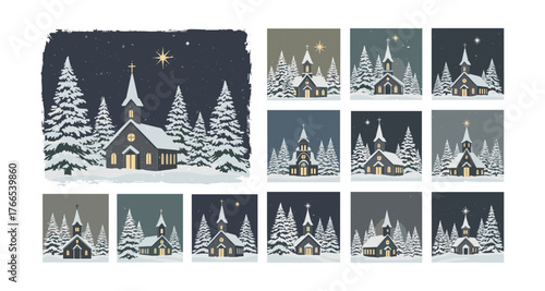 Cozy winter church at night with snowy trees and stars