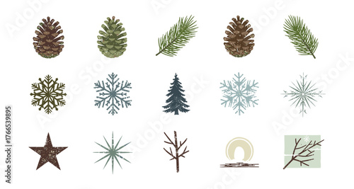 Rustic pine cones and winter nature icons collection in hand-drawn style