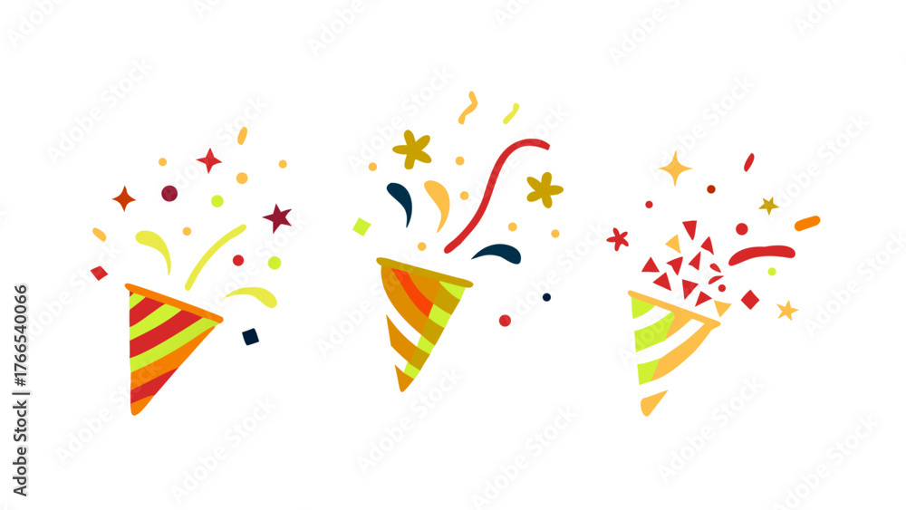 Obraz premium Set confetti party popper icon, fireworks logo, cap, flat design. Vector illustration isolated on white background .vector icon