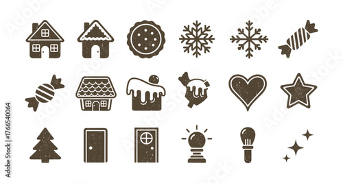 Rustic winter icons: cozy homes, festive sweets, and seasonal decorations